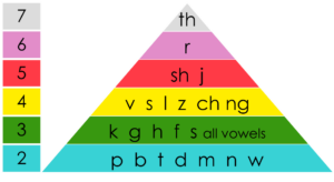 A chart showing the normal different sounds children make at different ages (2: p, b, t, d, m, n, w, 3: k, g, h, f, s, all vowels, 4: v, s,l, z, ch, ng, 5: sh, j, 6: r, 7: th)