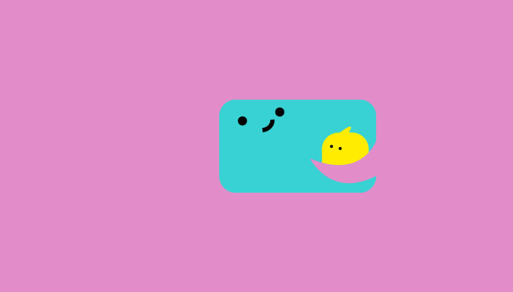 Bright pink background with a bright blue rectangle shaped character smiling and looking into it's arms. The character is holding a small yellow circle shaped character.