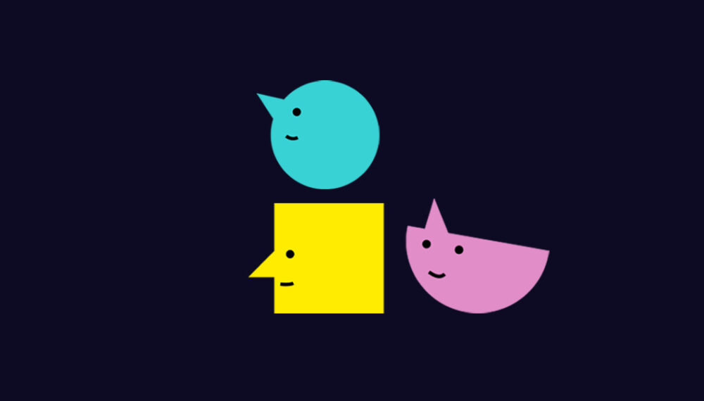 A dark blue background with three smiling shape like characters. One is a blue circle which is on top of a yellow square. Next to them is a pink semi-circle.