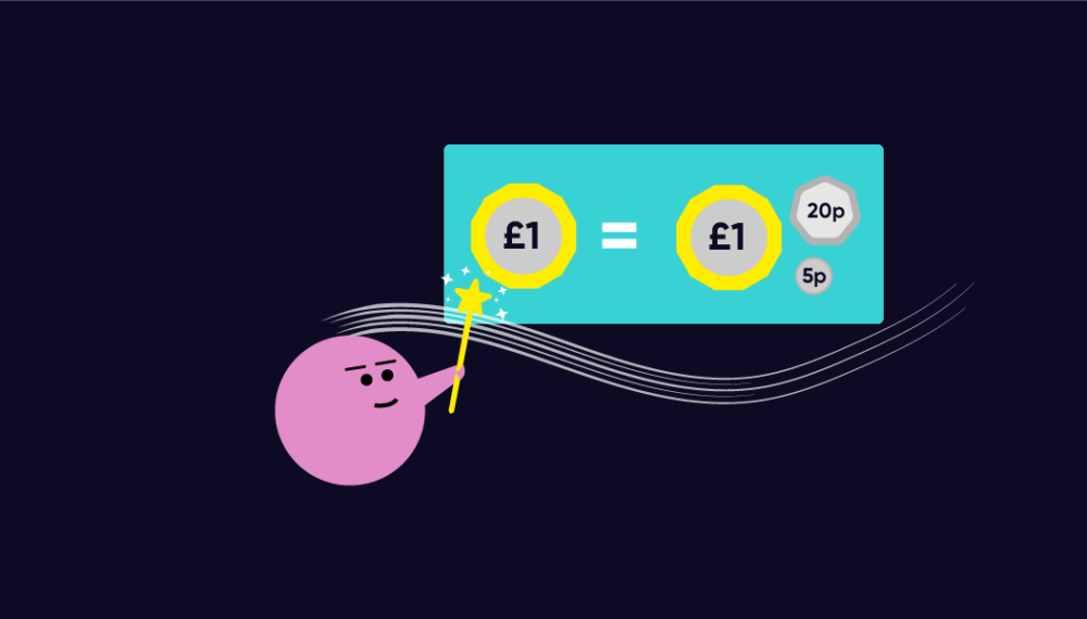 A dark blue background with a pink blob on it holding a wand. The pink blob has a clever expression on it's face as it is using the wand to turn £1into £1.25. The image represents Gift Aid and how a £1 donation will turn into £1.25 at no extra cost to the donor.