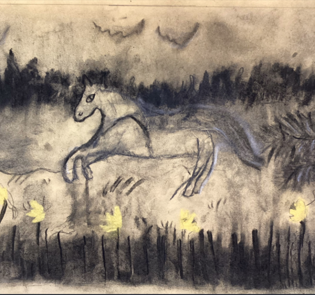 Charcoal drawing of a horse running through a field. Trees and birds can be seen in the background.