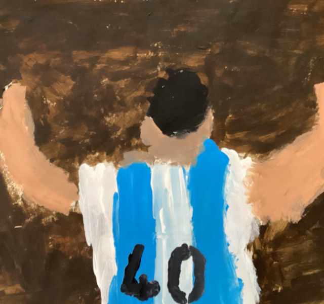 Painting of a footballer in a blue and white striped shirt with the number 40. The footballer faces away from us with his hand in the air. He is white with brown hair and stood in front of a brown background.